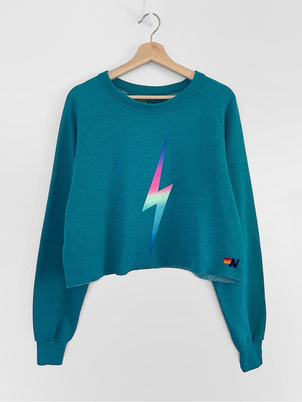 Aviator Nation Bolt Cropped Crew Sweatshirt Jade Neon Rainbow Pullover Large